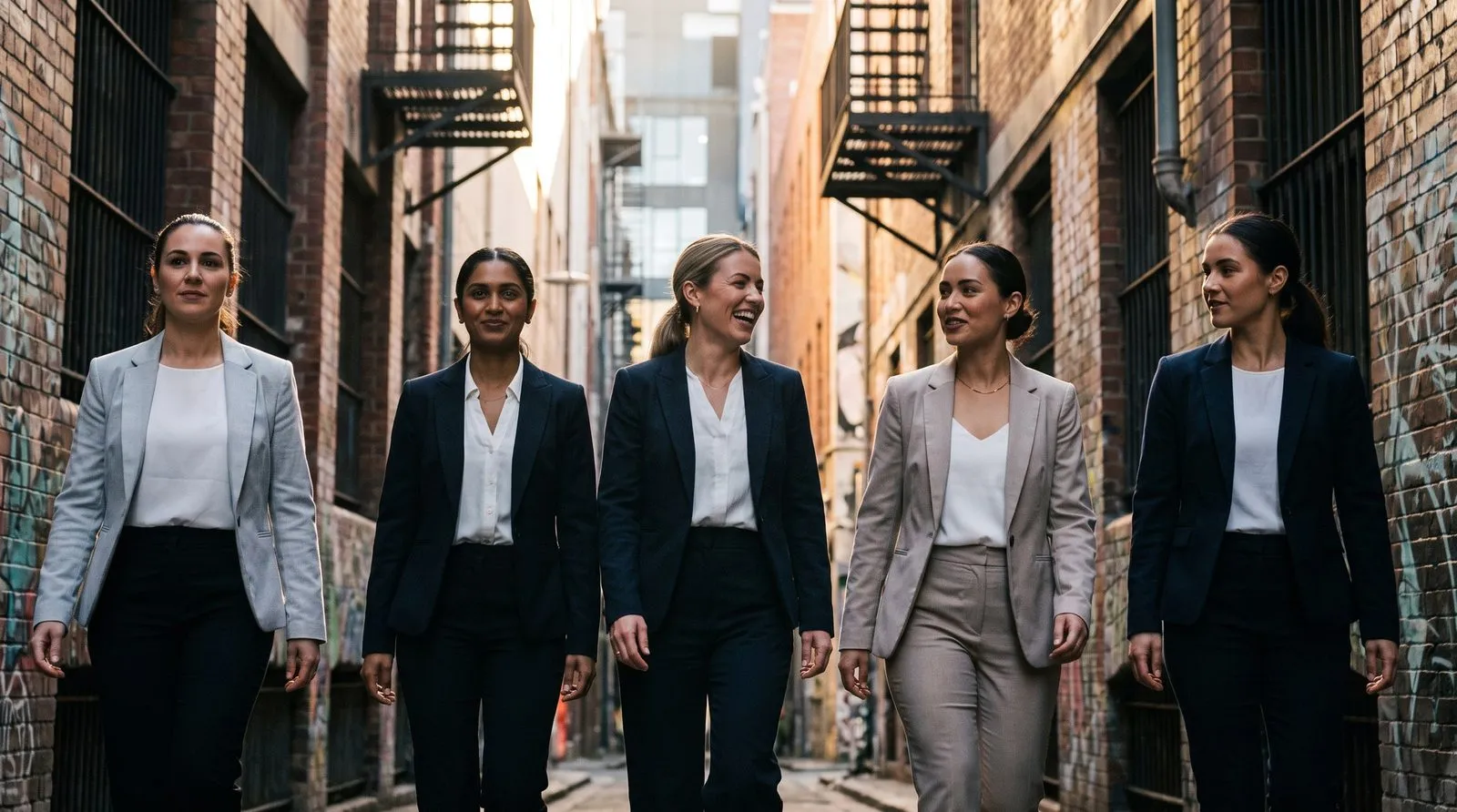 Multicultural women in business walking together through a Melbourne laneway